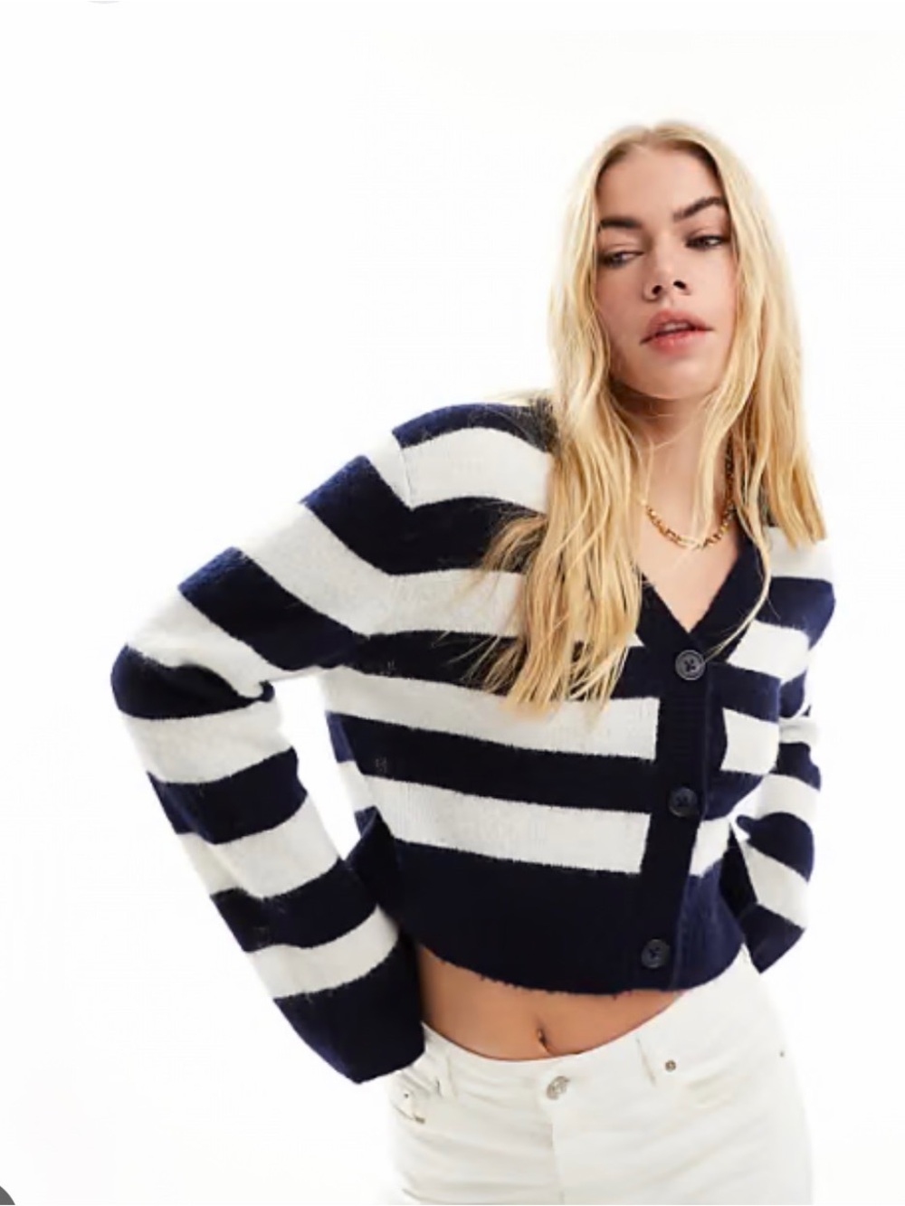 & Other Stories Navy and White Striped Cropped Button Cardigan